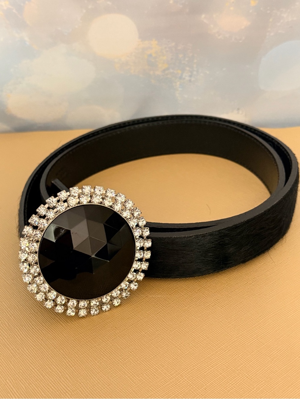 De Lonti Pony Leather Black Belt with Jewelled Buckle - NWOT - Size XL